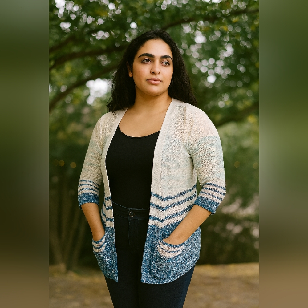 Coastal Cream Knit MARGUAX AND LEXI Cardigan Blue Stripes Cozy Fall Boho(#105)